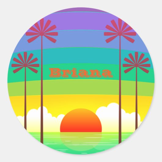 カスタム文字ヴィンテージサマーサンセットビーチパームツリーズ ラウンドシール (正面)
