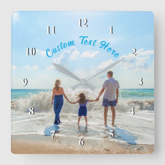 カスタム文字時計あなたの家族の写真ギフト スクエア壁時計 (正面)