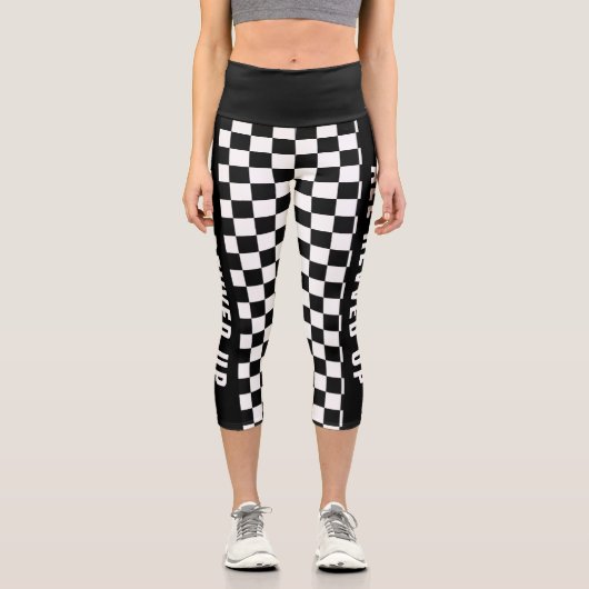 カスタム文字白黒フラ市松模様にグパターン カプリレギンス (正面)