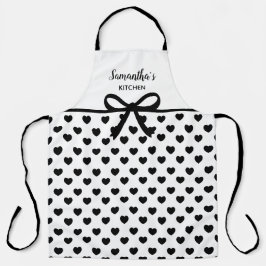 カスタム文字白黒水玉模様ハートキッチン エプロン