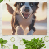 カスタム文字、かわいい白黒の犬 キッチンタオル (折り畳み)