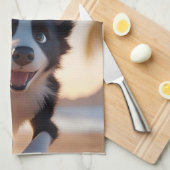 カスタム文字、かわいい白黒の犬 キッチンタオル (四つ折り)