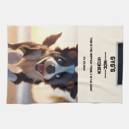 カスタム文字、かわいい白黒の犬 キッチンタオル