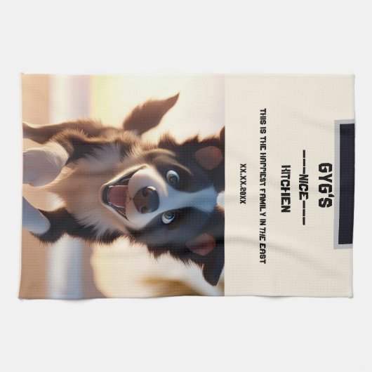カスタム文字、かわいい白黒の犬 キッチンタオル (横)