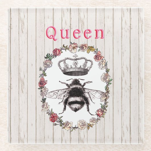 カスタム文字/ウッド素朴カントリーリースクラウンビー ガラスコースター (正面)