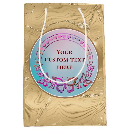 カスタム文字、カラフル蝶、ハート愛 ミディアムペーパーバッグ (正面)