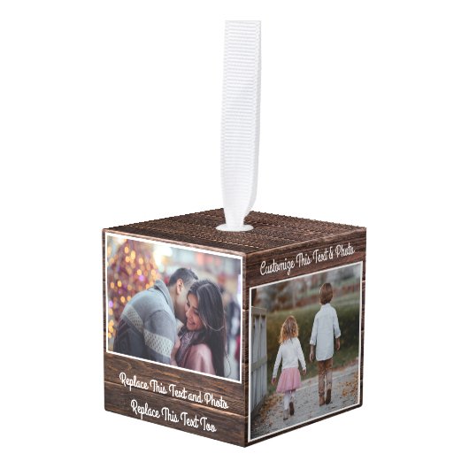 カスタム文字&写真/木製エレガントカントリーウッド キューブオーナメント (正面アングル)