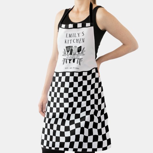 カスタム文字、白黒プレッドキッ市松模様にチン エプロン (インサイチュ)
