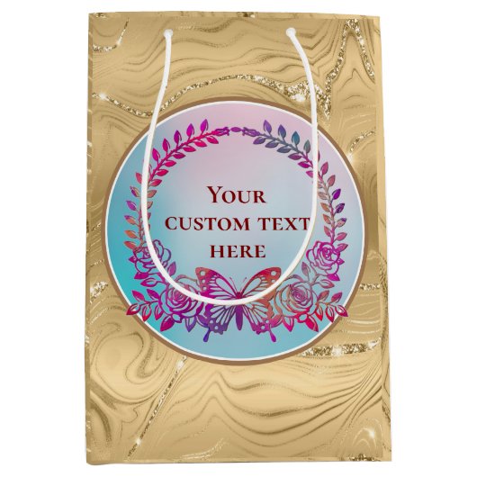 カスタム文字、蝶カラフルと花 ミディアムペーパーバッグ (正面)