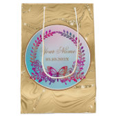 カスタム文字、蝶カラフルと花 ミディアムペーパーバッグ (裏面)