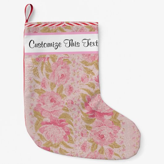カスタム文字/赤面金属グリッターフローラピンク スモールクリスマスストッキング (正面)