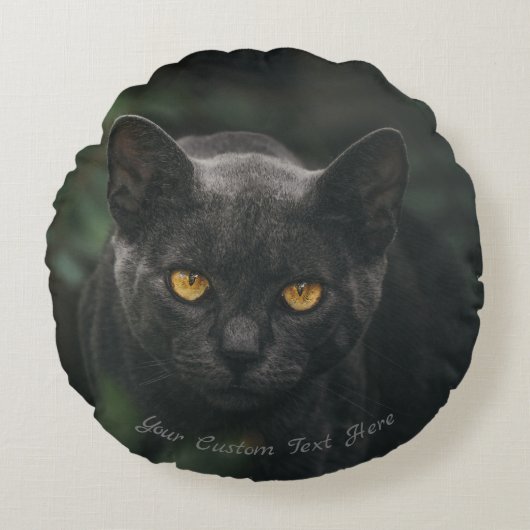 カスタム文字 |黒い猫不気味の目白熱［赤熱］光を放つ ラウンドクッション (正面)