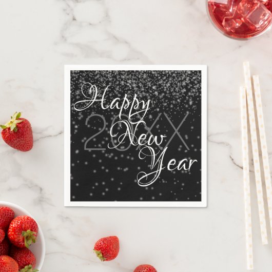 カスタム新年シルバーグロー紙吹雪オンブラック スタンダードカクテルナプキン (インサイチュ)