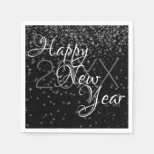 カスタム新年シルバーグロー紙吹雪オンブラック スタンダードカクテルナプキン (正面)