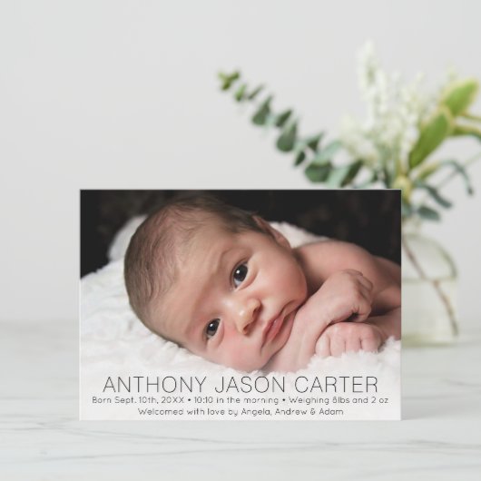 カスタム新生児ボ生まれたばかりのイ誕生統計 |写真 案内状 (スタンド正面)