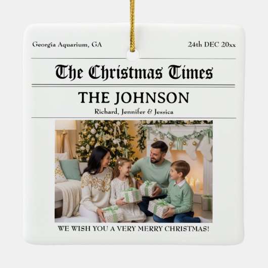 カスタム新聞社クリスマスファミリー2枚の写真 セラミックオーナメント (裏面)