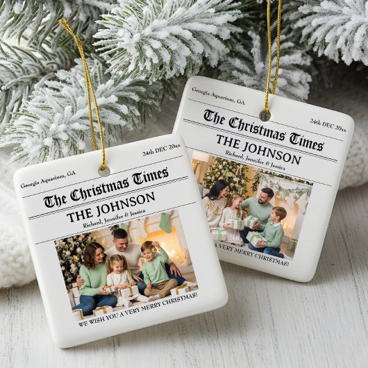 カスタム新聞社クリスマスファミリー2枚の写真 セラミックオーナメント