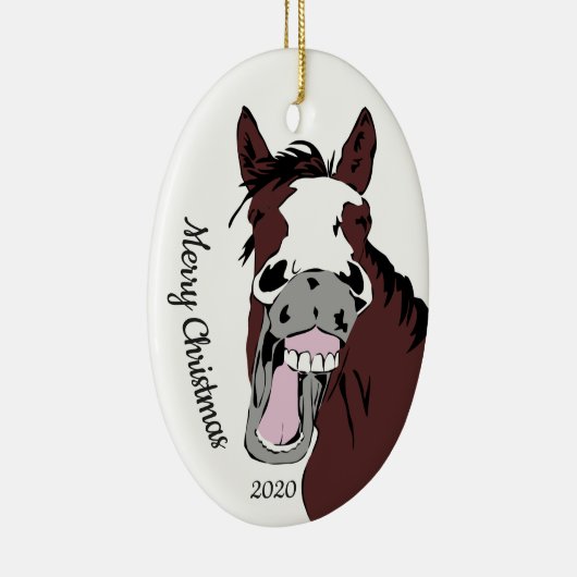 カスタム日付クリスマスおもしろい馬マンガ動物 セラミックオーナメント (右)