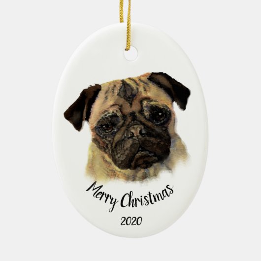 カスタム日付クリスマスの水の色パグドッグペット セラミックオーナメント (裏面)