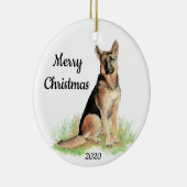 カスタム日付 クリスマス 水彩 ドイツ牧羊犬 セラミックオーナメント (右)