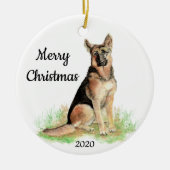 カスタム日付 クリスマス 水彩 ドイツ牧羊犬 セラミックオーナメント (正面)