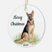 カスタム日付 クリスマス 水彩 ドイツ牧羊犬 セラミックオーナメント (左)