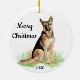 カスタム日付 クリスマス 水彩 ドイツ牧羊犬 セラミックオーナメント