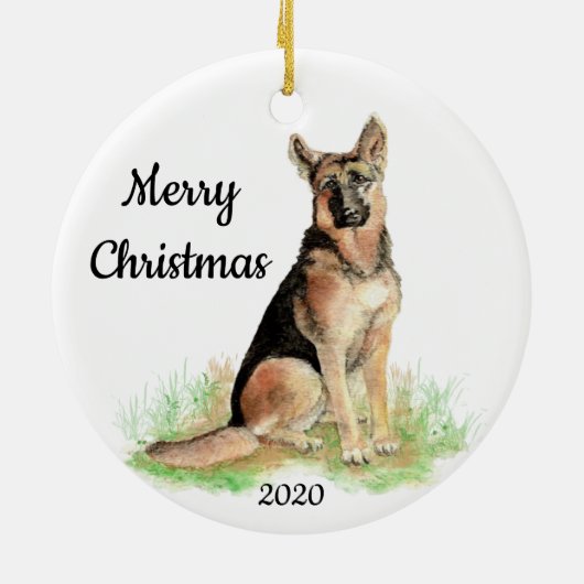 カスタム日付 クリスマス 水彩 ドイツ牧羊犬 セラミックオーナメント (裏面)
