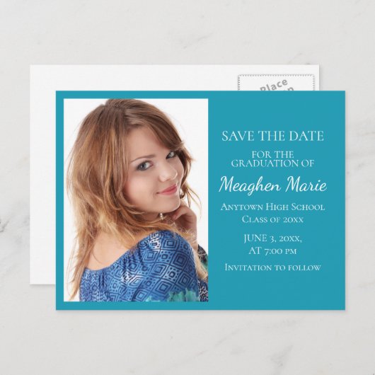 カスタム明るい青の写真の卒業救期日 案内ポストカード (正面/裏面)