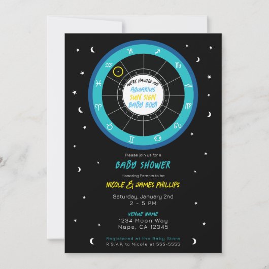 カスタム星占いサンサイン〔占星術の〕十二宮図ベビーシャワー 招待状 (正面)