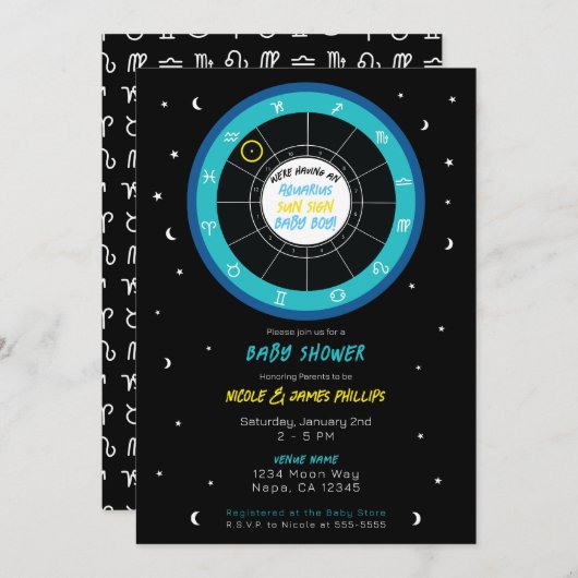 カスタム星占いサンサイン〔占星術の〕十二宮図ベビーシャワー 招待状 (正面/裏面)
