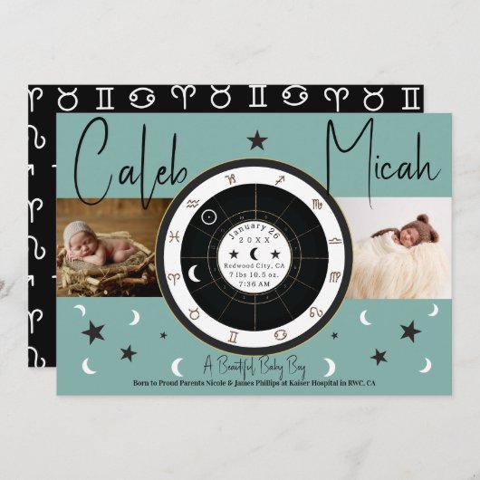 カスタム星占い太陽の月のサイン誕生のお知らせ 招待状 (正面/裏面)