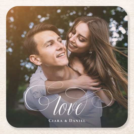 カスタム書エレガントのカップル結婚の写真 スクエアペーパーコースター (正面)