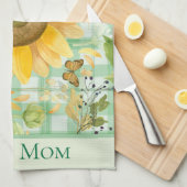 カスタム最高の母グリーンジンガムひまわり蝶 キッチンタオル (四つ折り)