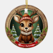 カスタム木製フレーム入りシカのホリデー装飾 🦌🎄 セラミックオーナメント (正面)