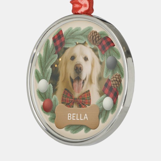 カスタム格子犬の名前フォトホリデークリスマス メタルオーナメント (左)