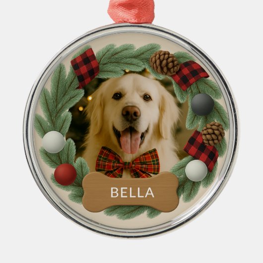 カスタム格子犬の名前フォトホリデークリスマス メタルオーナメント (正面)
