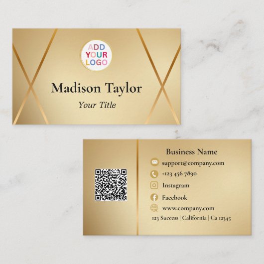 カスタム業務用エレガントカード金ゴールドQRコードおよびロゴ 名刺 (正面/裏面)
