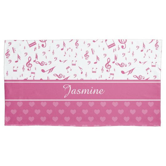 カスタム楽譜ノートとハートパターンピンク白 枕カバー (正面)