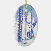 カスタム樺の木ツリーの森のクリスマスキツネ セラミックオーナメント (右)