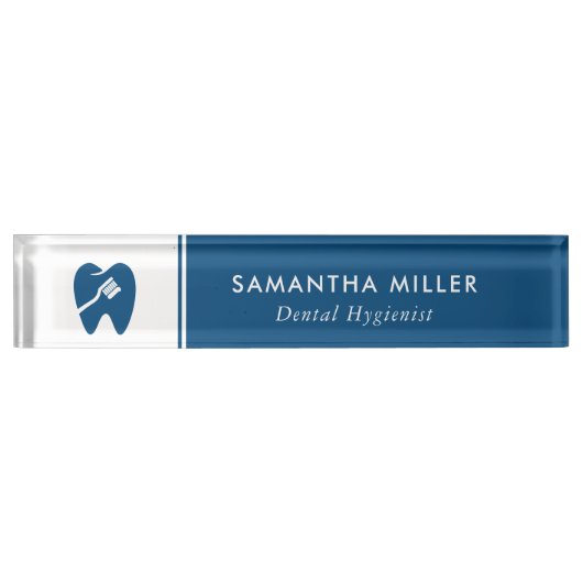 カスタム歯科医ロゴホワイト&ネイビーブルー デスクネームプレート (正面)