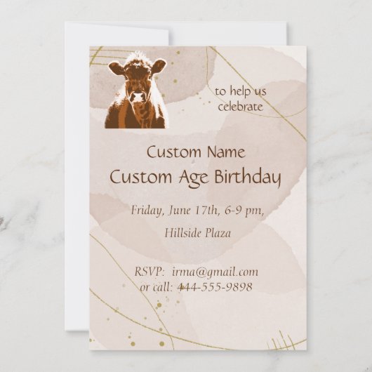 カスタム歳の誕生日パーティーブラウンカウファーム動物 招待状 (裏面)