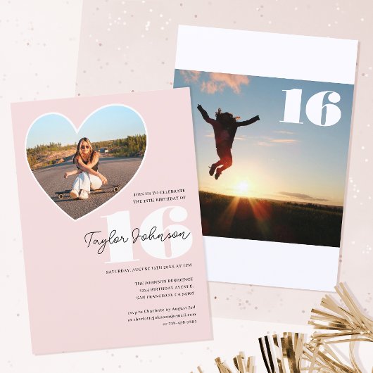 カスタム歳の誕生日パーティー写真ハートピ10代のンク 招待状