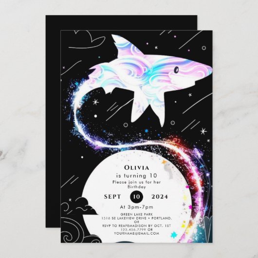 カスタム水中深海シャーク誕生日 招待状 (正面/裏面)
