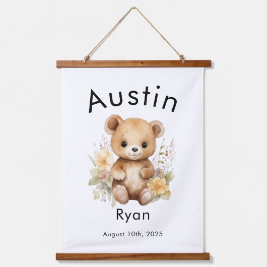 カスタム水彩ベビークマ名&誕生日壁 吊り下げ型タペストリー (正面)