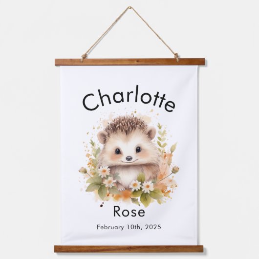 カスタム水彩ベビーハリネズミ名&誕生日 吊り下げ型タペストリー (正面)