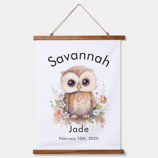 カスタム水彩ベビーフクロウ名&誕生日ウォール 吊り下げ型タペストリー (正面)