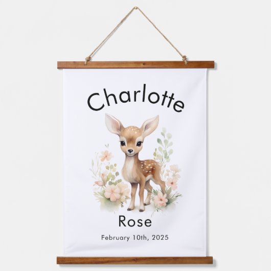 カスタム水彩ベビー鹿の名前と誕生日の壁 吊り下げ型タペストリー (正面)