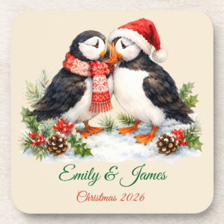 カスタム水彩ペンギンカップル クリスマス6枚セット コースター