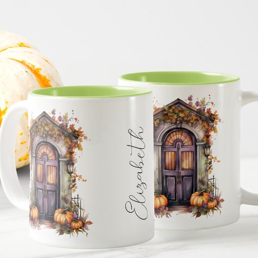 カスタム水彩ヴィンテージパンプキンドア紅葉 ツートーンマグカップ